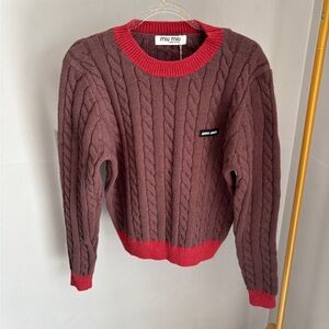 Miu Miu Wine Cable Knit Sweater with Red Trim